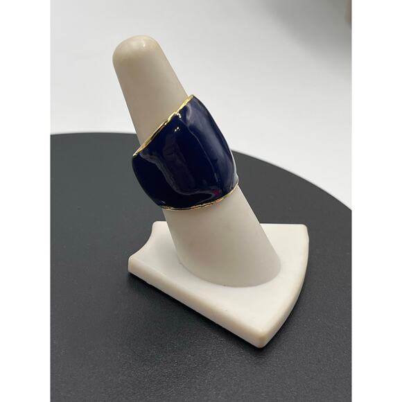 Designer Signed Wide Chunky Navy Blue Enamel Gold Tone Ring Sz 7 3/4 - Picture 3 of 8